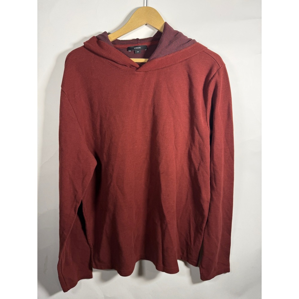 Vince Mens Waffle Knit Hoodie Burgundy Red Striped Hood‎ Lining Thermal L/G